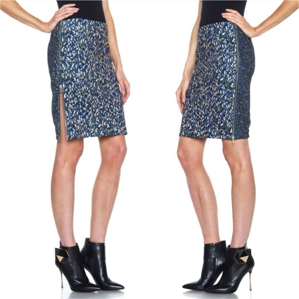 YIGAL AZROUEL Size 2 Feather Scuba Skirt Multi Color Zip Up $550